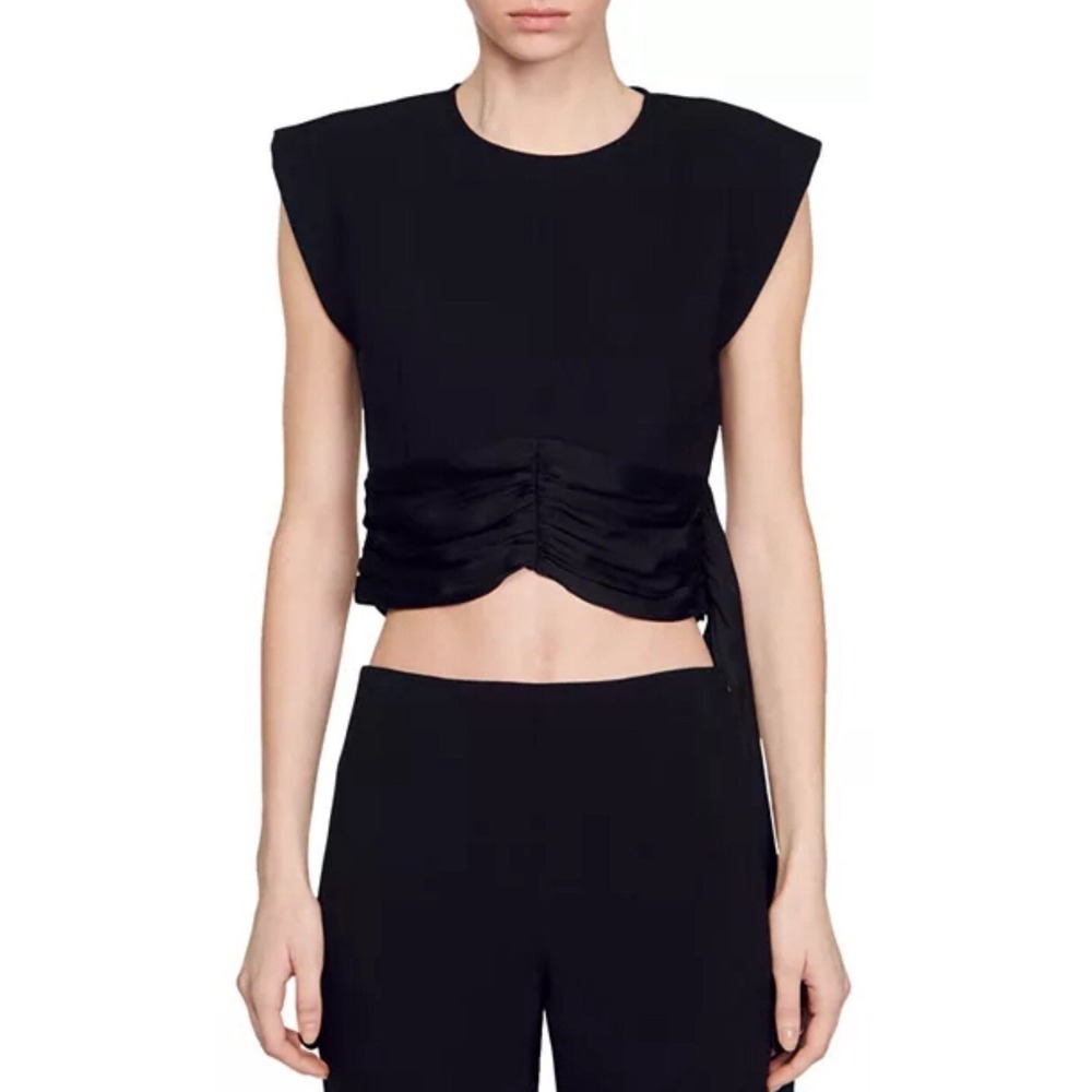 New Sandro Lawn Mixed Media Crop Top Size 1. Black Women's Shirt